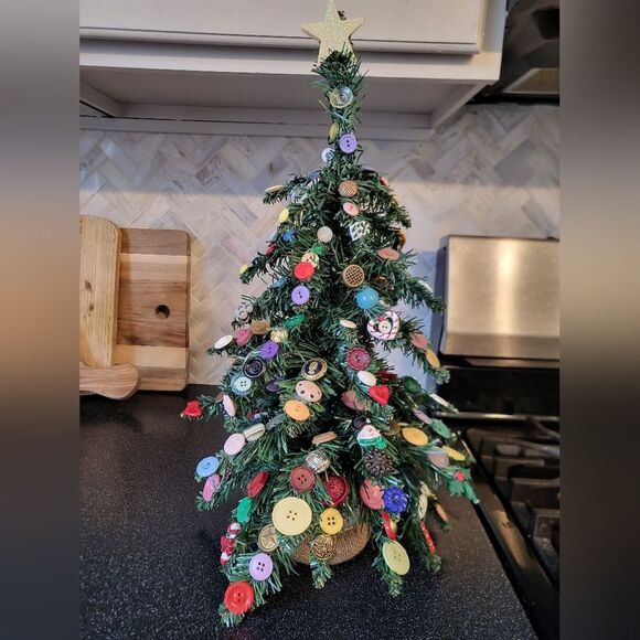 VTG christmas table top tree with button ornaments hand decorated burlap base - Picture 1 of 9